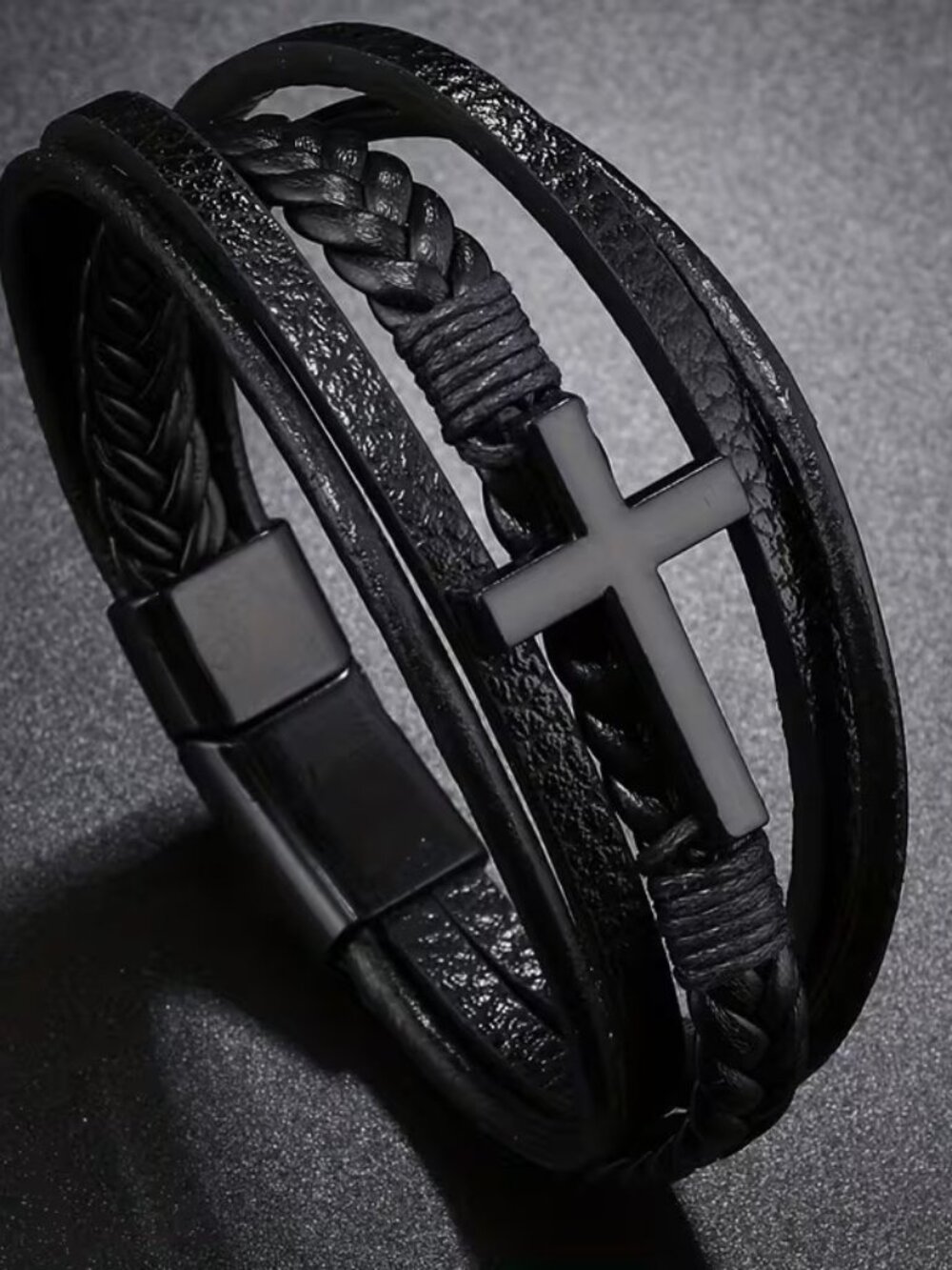 Men's Black Cross w/ Black Bracelet Christian Faith Religious Jesus Wristband